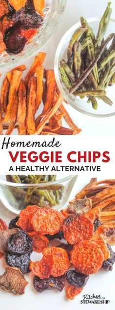 homemade veggie chips in bowls with the title overlay reading homemade veggie chips a healthy alternative