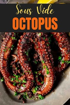 octopus rings on a plate with lemon wedges and parsley