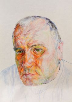 a drawing of an older man with green eyes