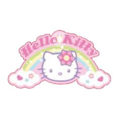 the hello kitty sticker is in front of a white background with rainbows and stars