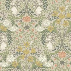 a wallpaper with flowers and leaves in green, orange, yellow and white colors