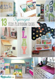 organized kids'playroom ideas collage with text overlay that reads 13 organized kids'playroom ideas