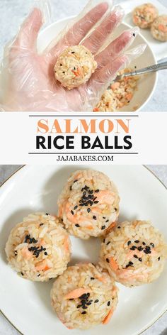 salmon rice balls on a white plate with plastic wrapper