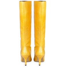 The Saint Adella yellow leather boot is a luxury that cleverly combines a stylish youthful outlook. These knee high boots have a emobssed leather upper and a pointed toe to add a touch of style to your everyday look. Made from the finest materials. Features a covered stiletto heel, stitching details with paneled finish. complete with leather & fleece lining, padded leather footbed with stamped logo. the gorgeous boot sit on a 2.9 inches stiletto heel. The approx. height of the boot is-18.5 Inche Luxury Boots For Workwear In Spring, Luxury Boots For Spring Workwear, Yellow Platform Boots For Fall, Yellow Pointed Toe Party Boots, Yellow Pointed Toe Boots For Party, Yellow High Heel Boots For Fall, Fitted Yellow High Heel Boots, Chic Yellow Boots For Fall, Yellow High Heel Leather Boots