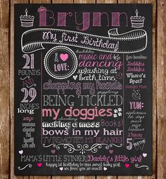 a chalkboard sign that says, i love my first birthday and is decorated with pink lettering