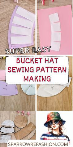 the instructions for how to make a bucket hat sewing pattern are shown in four different pictures