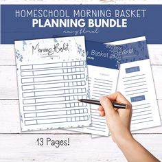 the homeschool morning basket planning bundle is shown with a hand holding a pen