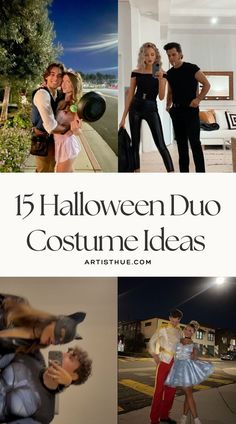 some people are dressed up in costumes and posing for pictures with the caption, 15 halloween duo costume ideas