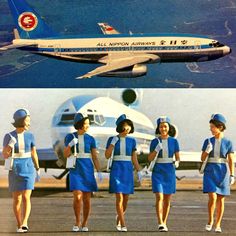 two pictures of women in uniforms standing next to an airplane and another photo of the same airliner