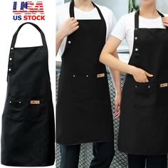 two people wearing black aprons and white shirts