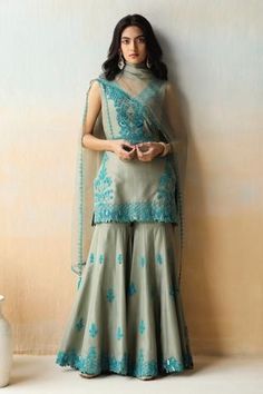 #dress #sharara #fashion #trendy #traditional #pinterest Salwar Suit Designs Neckline, Sharara Set For Women, 2024 Indian Fashion Trends, Kurta Set Designs Women, Green Indian Outfit, Embroidery Outfits, Kurta Casual, Sea Salt Green, Designer Kurta Sets For Women