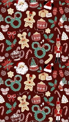 a christmas themed background with teddy bears and other holiday related items on red fabric,