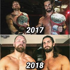 two men with beards and no shirts holding up their wrestling belts in the same photo