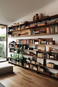 a living room filled with lots of books and furniture next to a sliding glass door