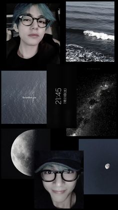 a collage of black and white photos with the moon in the background