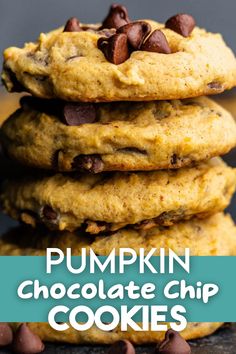 A close up side view of a tower of pumpkin chocolate chip cookies. Pumpkin Chocolate Chip Cookies Recipe, Chocolate Chip Pumpkin Cookies, Pumpkin Cookie Recipe, Chocolate Chip Cookies Recipe, Favorite Cookie Recipe, Chip Cookie Recipe