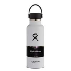 the hydro flask water bottle is white and has a black lid, with a logo on