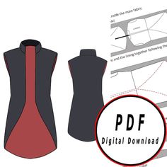 the front and back view of a sewing pattern for a vest with zippers on it