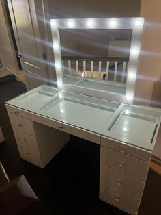 Features: 4pc Vanity Set consists of; 1 Glass Top, 1 Base w/ drawers, 1 Swivel Stool, and 1 Mirror w/ LED Contemporary Style Glass Top 9 Drawers with Crystal-Like Knobs Materials: Tempered Glass, Mirror, Wood Veneers & Solid Color: White Dimensions: 57"L x 23.25"W x 31"H Weight: 260 lbs. SKU Description Dimensions B4850WH-91-TOP AVERY VANITY TOP GLASS 57.2" X 23.2" X 0.3"H & TEMPERED GLASS B4850WH-91-BASE AVERY VANITY DESK 57.2" X 23.2" X 31"H & OBSIDIAN WHITE B4850WH-91-11 AVERY VANITY MIRROR W White Wood Vanity, White Vanity Set, Mirror Stool, White Vanity, Ornate Furniture, Swivel Stool, Wood Vanity, Vanity Desk, Led Mirror