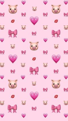 a pink background with hearts, bows and pig heads on the bottom right corner is an image of pigs wearing bow ties