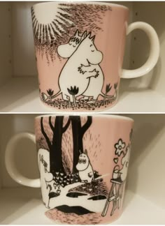 two coffee mugs with moomi characters on them, one is pink and the other is white