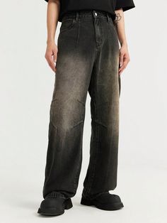 Men's Loose Fit Wide Leg Jeans With Pockets Jeans Black    Denim Ombre,All Over Print Straight Leg Non-Stretch  Men Clothing, size features are:Bust: ,Length: ,Sleeve Length: Washed Denim Pants, Jeans With Pockets, Shawl Cardigan, Printed Sleeveless Top, Washed Denim, Pocket Jeans, Washed Jeans, Men Clothing, Mens Denim