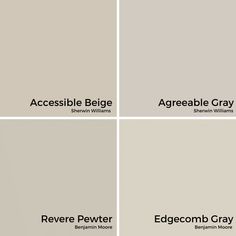 four different shades of gray paint with the words accessible and agreeable gray on them