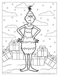 the cat in the hat coloring page with presents on it and presents around him, as well