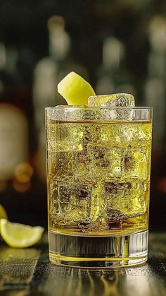 a glass filled with ice and lemon wedges