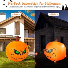 This inflatable pumpkin is made of weather-resistant 190T polyester fabric, which is strong and durable. It has built-in LED lights for better nighttime viewing and doesn't require you to prepare additional lights. Comes with 2 ropes and 2 ground stakes for fixing pumpkins to be blown over by the wind. The waterproof fan is durable and can be inflated automatically and quickly after power on, which is very convenient to use. American-style two-plug adapter, UL certification to ensure safe electr Halloween Scary Face, Inflatable Pumpkin, Scary Face, Yard Party, Halloween Cans, Halloween Inflatables, Scary Faces, Stacked Pumpkins, Halloween Store