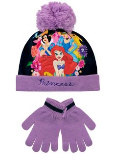 Your little princesses' dreams will all come true with this adorable Disney ensemble. This Disney Princess winter set features a purple and blue bobble hat with a large print of Aurora, Ariel, Snow White and Belle surrounded by flowers, and an embroidered 'Princess' logo print. Complete with matching gloves with a princess tag. They'll be sure to feel like Princess this winter!One Size Snow White And Cinderella, Princess Logo, Disney Hat, Purple Gloves, Princess Hat, Disney Hats, Winter Set, Bobble Hats, Disney Merchandise