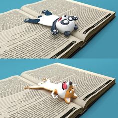 two pictures of a dog laying on top of an open book with the pages folded down