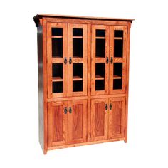 a wooden cabinet with glass doors on the front and bottom shelves, against a white background