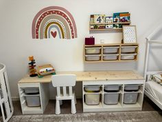 a child's playroom with toys and storage