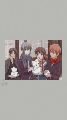 three anime characters holding cats in their hands