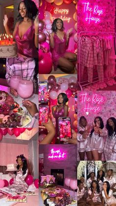 collage of photos with women in pink dresses at a party and balloons all around the room