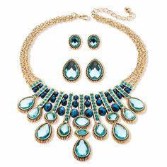 Yellow Gold Blue Crystal Fashion Bib Statement Necklace For Women Juniors Teens  #Unbranded Blue Jewelry Set, Fake Jewelry, Crystal Jewelry Sets, Crystal Fashion, Clean Slate, Aquamarine Crystal, Aquamarine Jewelry, Gold Necklace Set, Necklace And Earrings Set