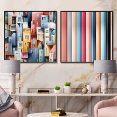 there are two paintings on the wall in this living room, one is multicolored