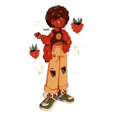 a drawing of a person with an afro standing in front of some plants and holding their hands out