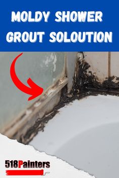 moldy shower grout solution with red arrow pointing to the sink area and below it