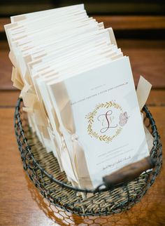 a stack of cards sitting on top of a basket