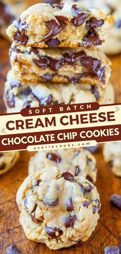 soft and chewy cream cheese chocolate chip cookies are stacked on top of each other