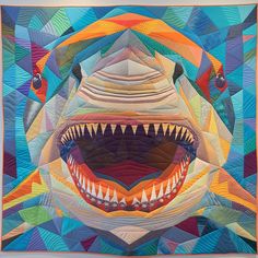 an art piece with many different colors and shapes on it, including the mouth of a shark