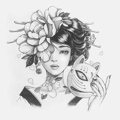 a drawing of a woman with flowers on her head and a cat in her hand