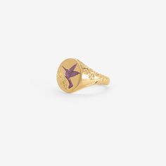 Details Castro Smith 18k yellow gold Hummingbird ring with purple ceramic plating, size 6 3/4. The top of the signet measures approximately 7/16″ x 1/2″ & the band tapers from 1/4″ to 1/8″ wide. - 18k yellow gold - purple ceramic plating - size 6 3/4 Sizing Due to the nature of this ring it cannot be resized but appropriate sizes can be special ordered. Please inquire to order. Castro Smith, Hummingbird Ring, Gold Hummingbird, Purple Ceramic, Funky Jewelry, The Band, The Nature, Signet Ring, Purple Gold