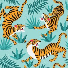 two tigers in the jungle with leaves and plants on a light blue background that is seamless