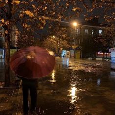 a person holding an umbrella in the rain at night on a city street with buildings and trees