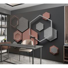 a modern office with hexagonal shapes on the wall and desk in front of it