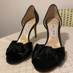 Knotted Bow Satin Black, Heel 3.4 In. Size 7 Only Used 2 Times. Black Heel, Jimmy Choo Shoes, Jimmy Choo, Shoes Women Heels, Shoes Heels, Size 7, Kitty, Satin, Women Shoes