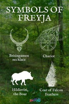 the symbols of freyja are shown in white on a green background with trees